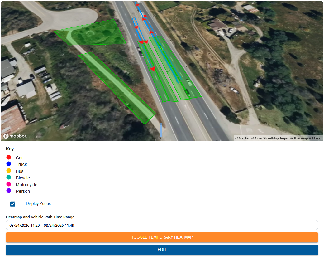 Live map of detected objects and zone overlays.