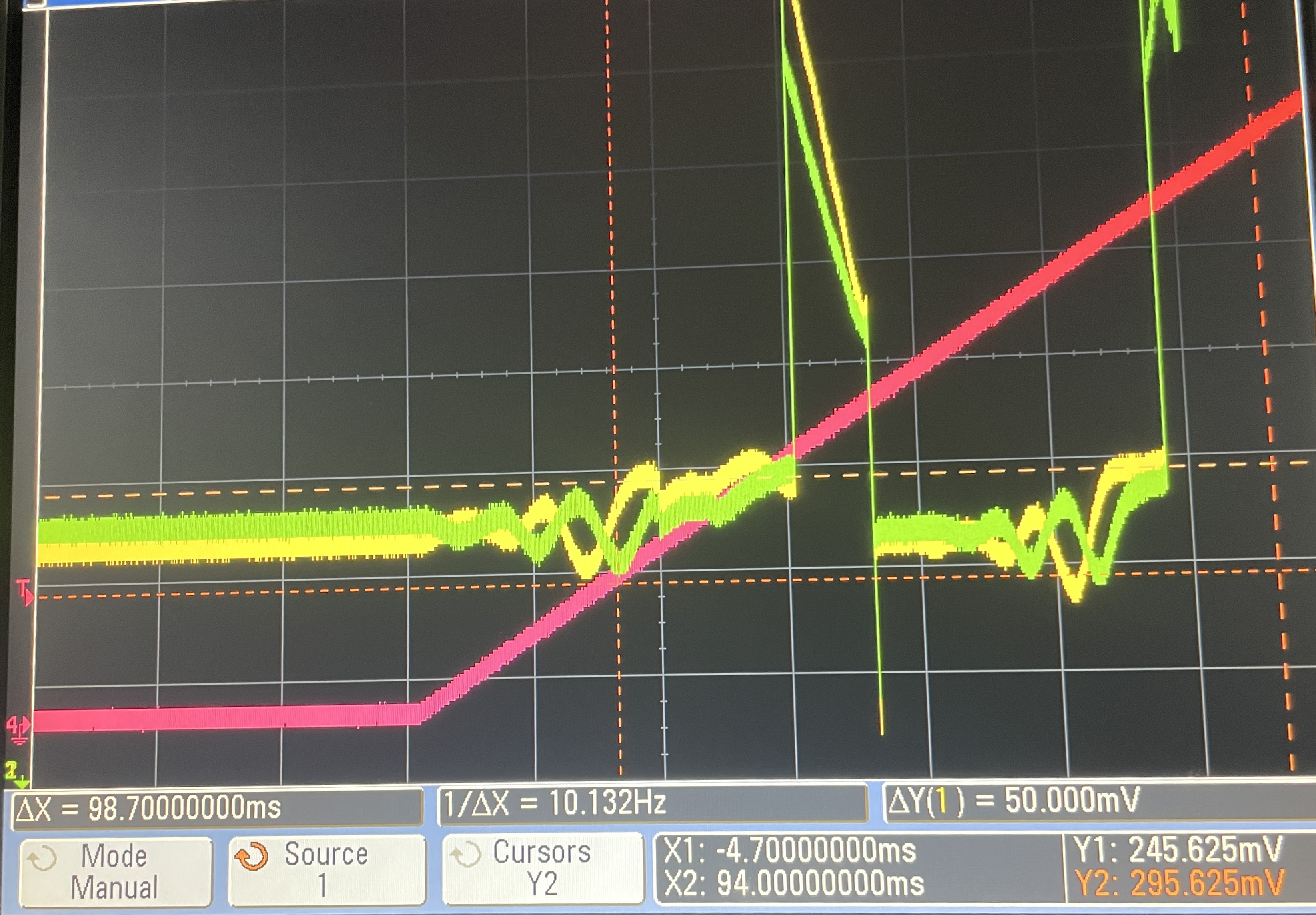 Hastily taken photo of oscilloscope output showing the desired response appearing twice.